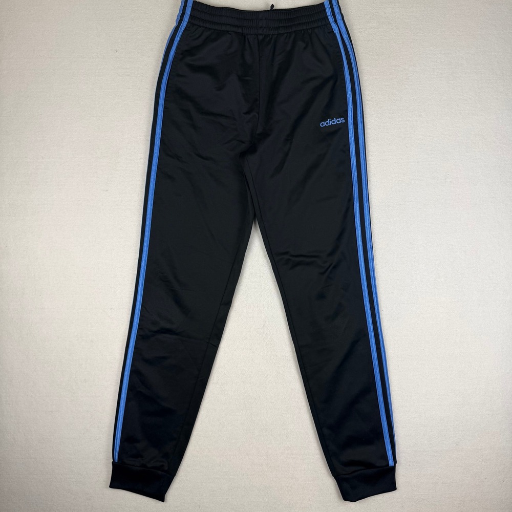 Adidas Boys Track Pants Black Blue Stripe Joggers Size Large 14/16 Kids Athletic